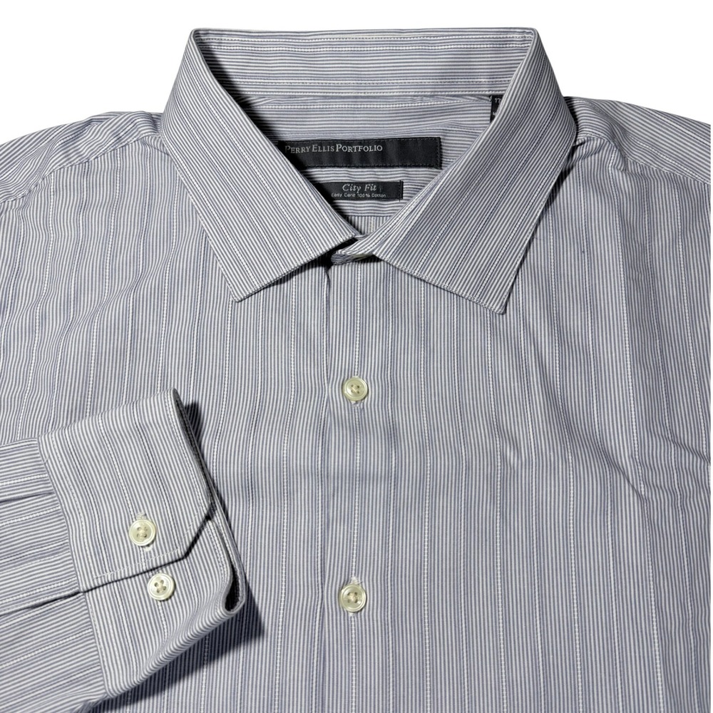 Perry Ellis Portfolio Men's Blue Stripe Dress Shirt City Fit Easy Care Cotton XL